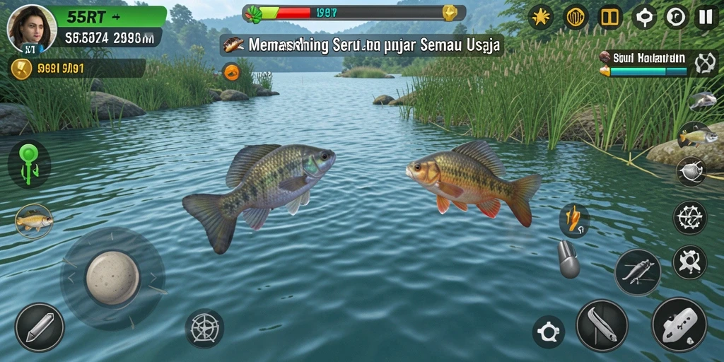 Screenshot utama 55RT menampilkan aksi seru saat memancing.
