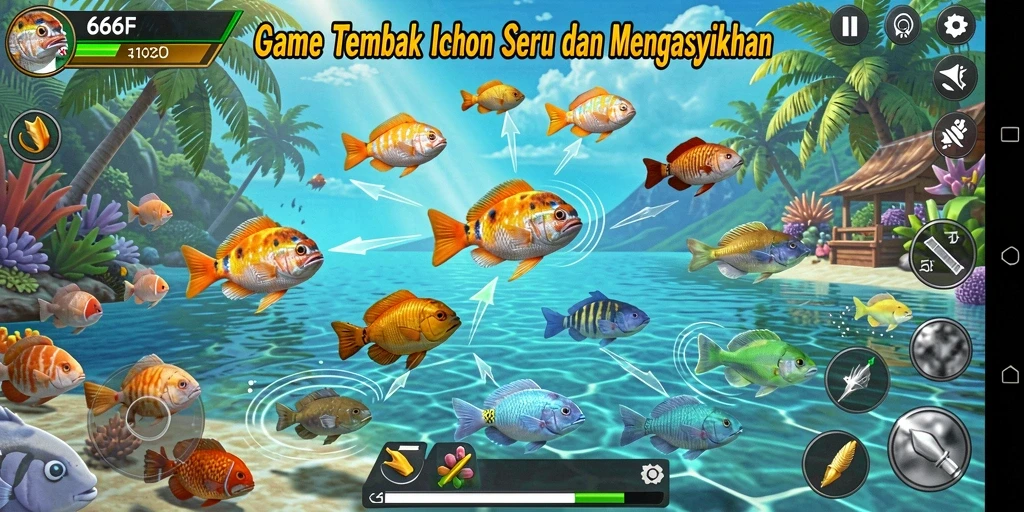 Screenshot gameplay 666F menampilkan aksi menangkap ikan yang mendebarkan.