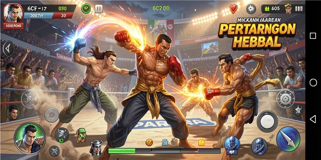Tampilan aksi seru dengan karakter bertarung di arena.