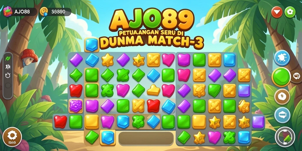 Tangkapan layar AJO89 menampilkan gameplay Match-3 yang menarik dan penuh warna.