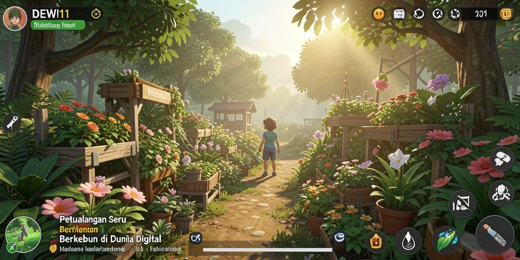 Screenshot gameplay DEWI11 menampilkan kebun yang subur dan berwarna.