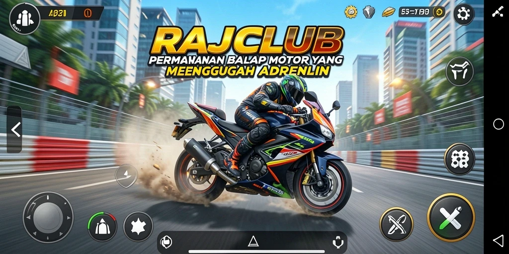 Screenshot gameplay RAJACLUB menunjukkan aksi balap motor yang mendebarkan.