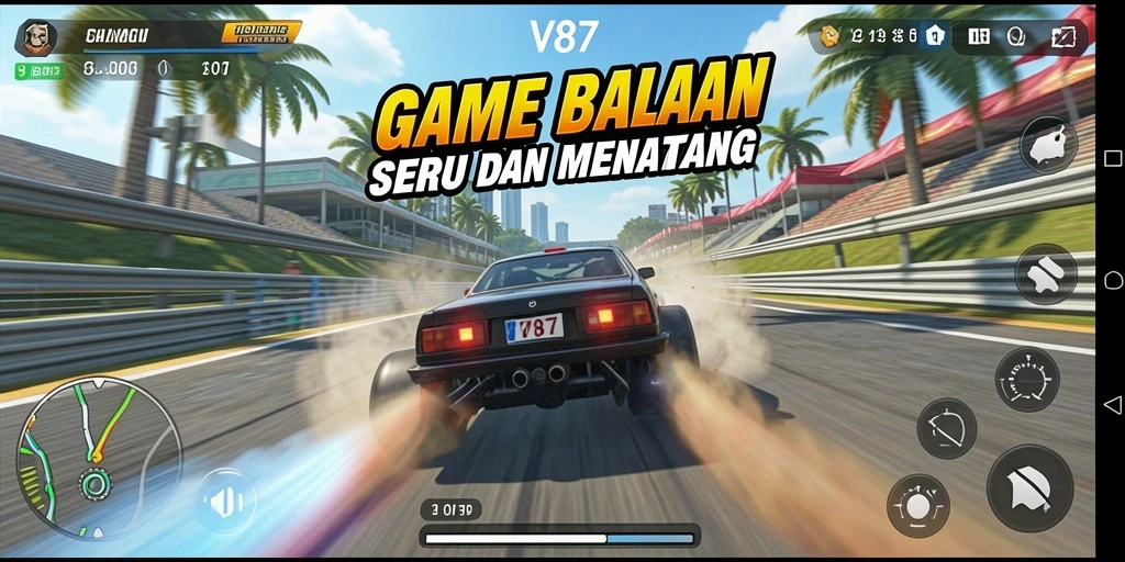 Gameplay menarik V87 saat balapan dengan kendaraan kencang.