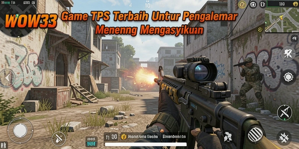 Screenshot utama WOW33 menampilkan aksi menembak intens di lingkungan yang dinamis.